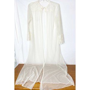 Vintage 1960s Women  Med (fits S) Long Sheer Lace Robe Tie Front 100% Nylon EUC